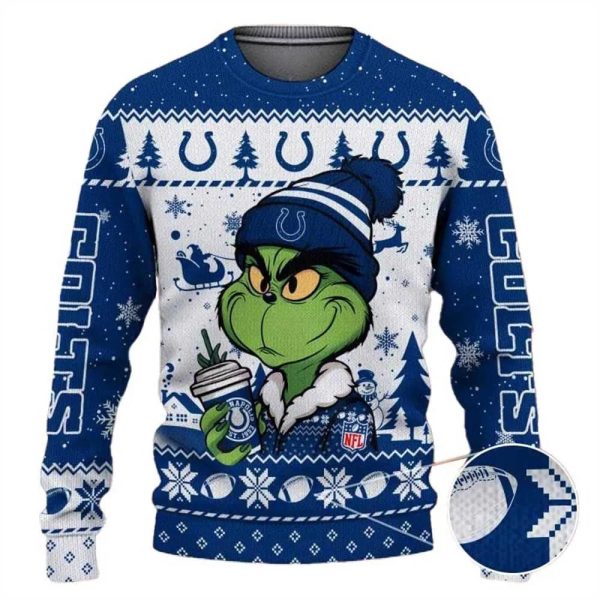 Indianapolis Colts The Grinch Drink Coffee Ugly Christmas Sweater, Indianapolis Colts Ugly Sweater, NFL Ugly Sweater