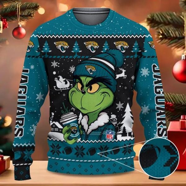 Jacksonville Jaguars The Grinch Drink Coffee Ugly Christmas Sweater, Jacksonville Jaguars Ugly Sweater, NFL Ugly Sweater