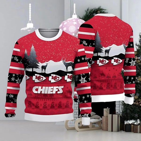 Kansas City Chiefs Christmas Reindeers Pattern Ugly Christmas Sweater, Kansas City Chiefs Ugly Sweater, NFL Ugly Sweater