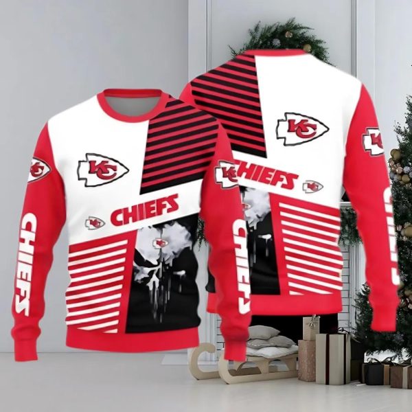 Kansas City Chiefs Skull Pattern Ugly Christmas Sweater, Kansas City Chiefs Ugly Sweater, NFL Ugly Sweater