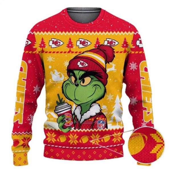 Kansas City Chiefs The Grinch Drink Coffee Ugly Christmas Sweater, Kansas City Chiefs Ugly Sweater, NFL Ugly Sweater