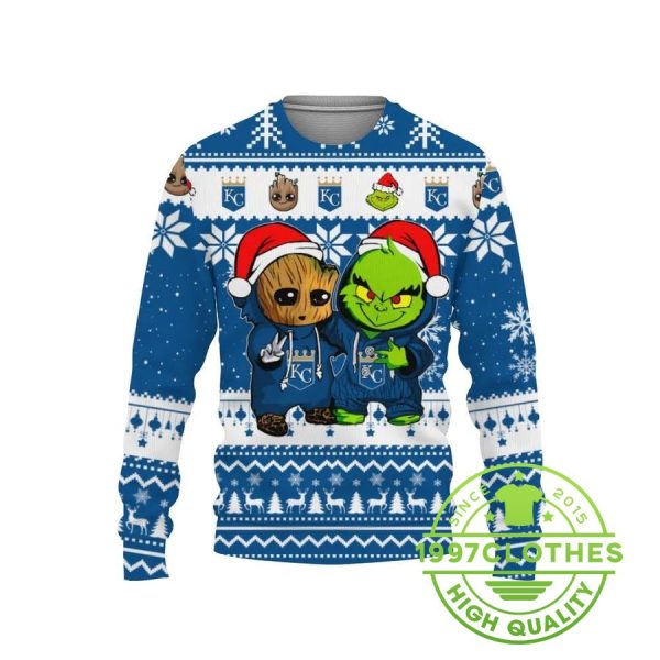 Kansas City Royals Baby Groot And Grinch Best Friends Ugly Christmas Sweater, Kansas City Royals Ugly Sweater, MLB Christmas Sweater