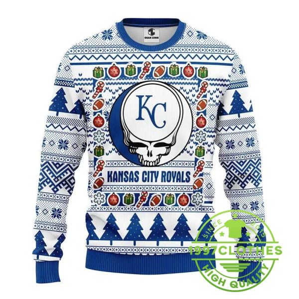 Kansas City Royals Grateful Dead Ugly Christmas Sweater, Kansas City Royals Ugly Sweater, MLB Christmas Sweater