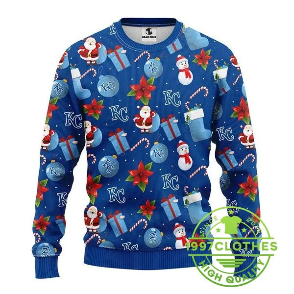 Kansas City Royals Santa Claus Snowman Ugly Christmas Sweater, Kansas City Royals Ugly Sweater, MLB Christmas Sweater