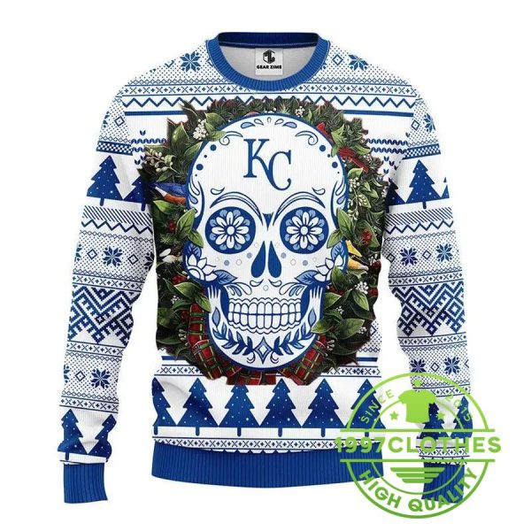 Kansas City Royals Skull Flower Ugly Christmas Sweater, Kansas City Royals Ugly Sweater, MLB Christmas Sweater