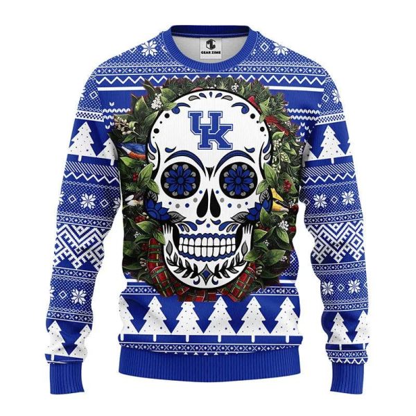 Kentucky Wildcats Skull Flower Ugly Christmas Sweater, Kentucky Wildcats Ugly Christmas Sweater, NCAA Christmas Sweater