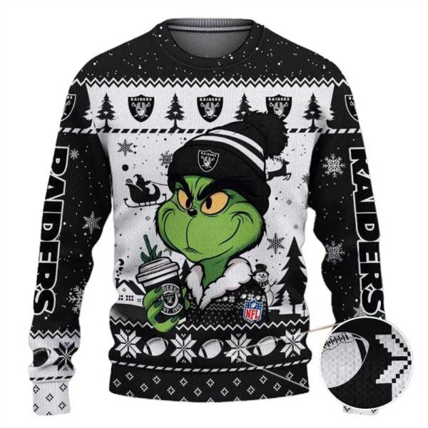 Las Vegas Raiders The Grinch Drink Coffee Ugly Christmas Sweater, Las Vegas Raiders Ugly Sweater, NFL Ugly Sweater