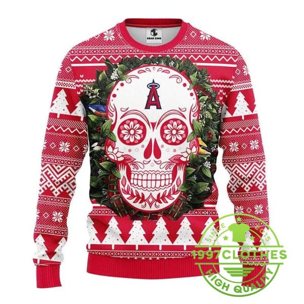 Los Angeles Angels Skull Flower Ugly Christmas Sweater, Los Angeles Angels Ugly Christmas Sweater, MLB Christmas Sweater