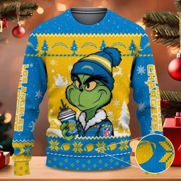 Los Angeles Chargers The Grinch Drink Coffee Ugly Christmas Sweater, Los Angeles Chargers Ugly Sweater, NFL Ugly Sweater