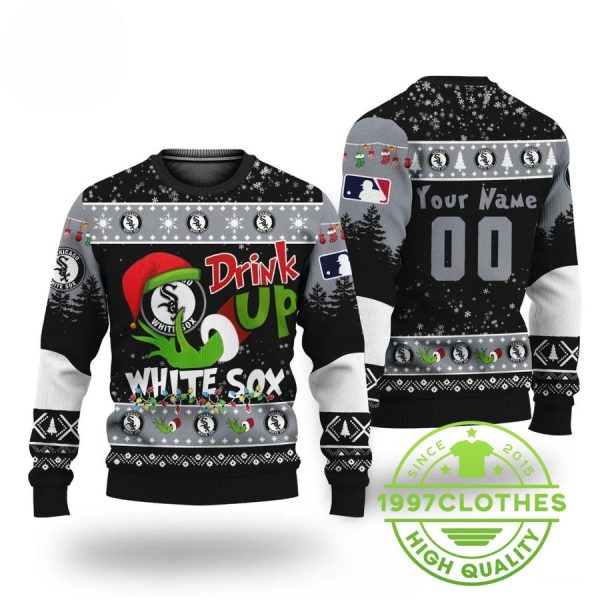 MLB Grinch Drink Up Chicago White Sox Custom Ugly Christmas Sweater, Chicago White Sox Ugly Sweater, MLB Christmas Sweater