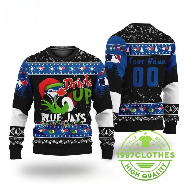 MLB Grinch Drink Up Toronto Blue Jays Custom Ugly Christmas Sweater, Toronto Blue Jays Ugly Sweater, MLB Christmas Sweater