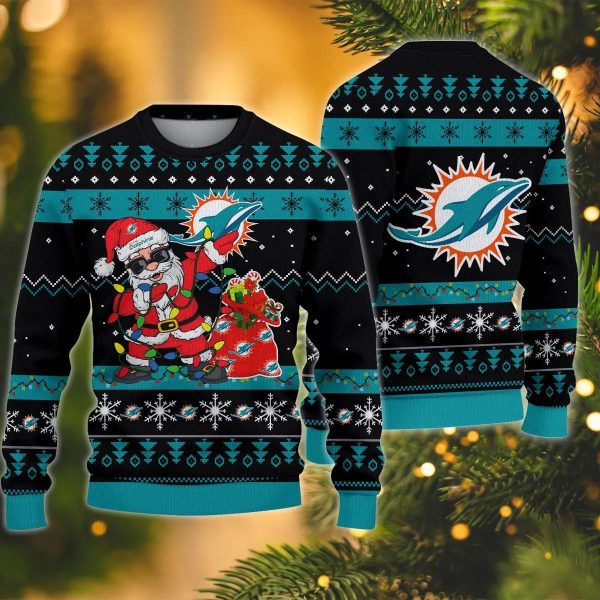 Miami Dolphins Santa Claus Dabbing Ugly Christmas Sweater, Miami Dolphins Ugly Sweater, NFL Ugly Sweater