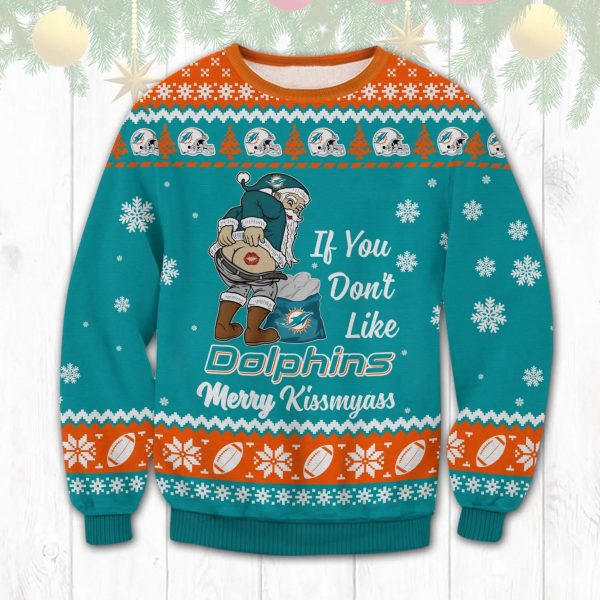 Miami Dolphins Santa Kissmyass Ugly Christmas Sweater, Miami Dolphins Ugly Sweater, NFL Ugly Sweater