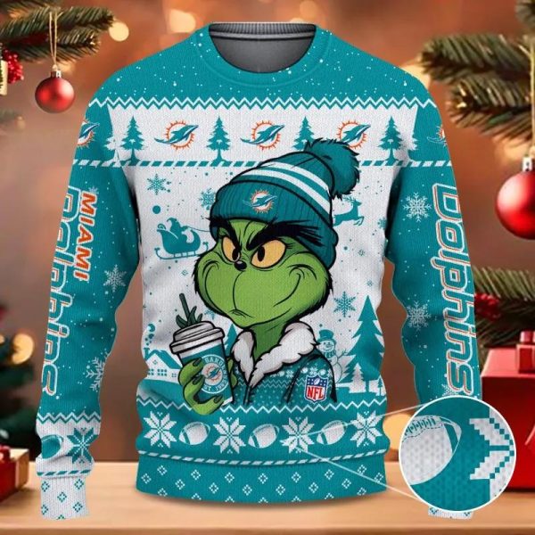 Miami Dolphins The Grinch Drink Coffee Ugly Christmas Sweater, Miami Dolphins Ugly Sweater, NFL Ugly Sweater