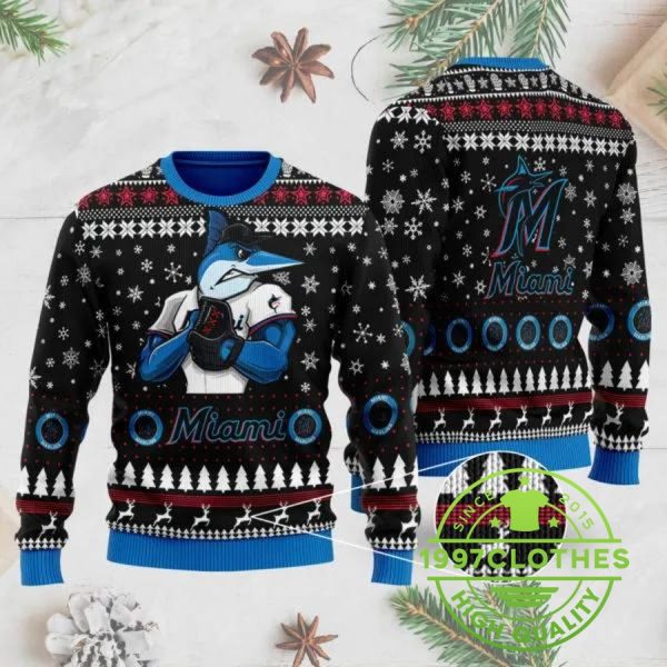 Miami Marlins Mascot Ugly Christmas Sweater, Miami Marlins Ugly Sweater, MLB Christmas Sweater