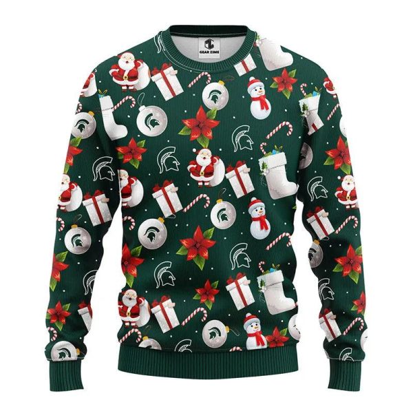 Michigan State Spartans Santa Claus Snowman Ugly Christmas Sweater, Michigan State Spartans Ugly Christmas Sweater, NCAA Christmas Sweater