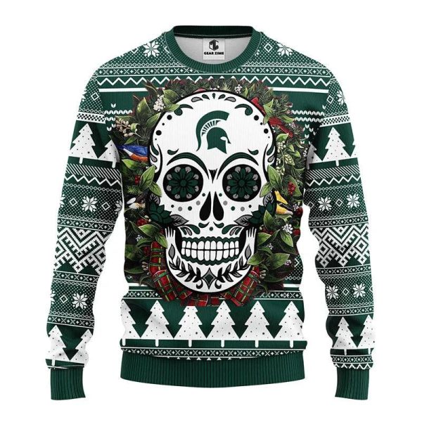 Michigan State Spartans Skull Flower Ugly Christmas Sweater, Michigan State Spartans Ugly Christmas Sweater, NCAA Christmas Sweater