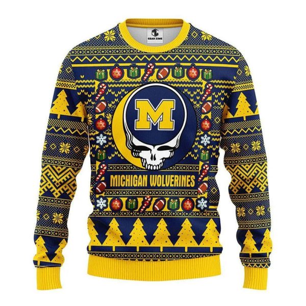 Michigan Wolverines Grateful Dead Ugly Christmas Sweater, Michigan Wolverines Ugly Christmas Sweater, NCAA Christmas Sweater