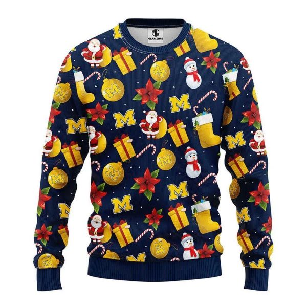 Michigan Wolverines Santa Claus Snowman Ugly Christmas Sweater, Michigan Wolverines Ugly Christmas Sweater, NCAA Christmas Sweater