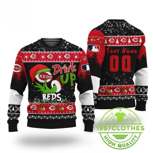 Mlb Grinch Drink Up Cincinnati Reds Custom Ugly Christmas Sweater, Cincinnati Reds Ugly Sweater, MLB Christmas Sweater