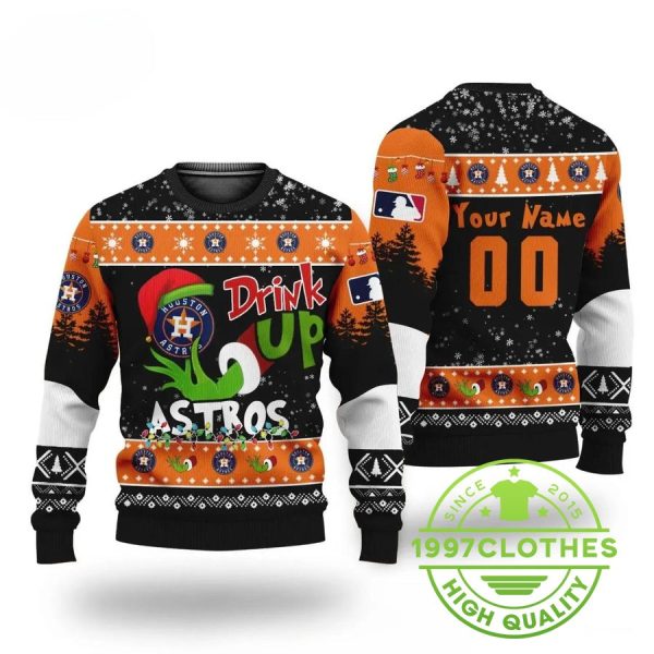 Mlb Grinch Drink Up Houston Astros Custom Ugly Christmas Sweater, Houston Astros Ugly Sweater, MLB Christmas Sweater