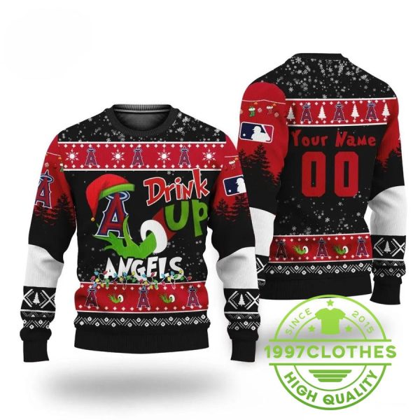 Mlb Grinch Drink Up Los Angeles Angels Custom Ugly Christmas Sweater, Los Angeles Angels Ugly Christmas Sweater, MLB Christmas Sweater