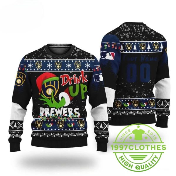 Mlb Grinch Drink Up Milwaukee Brewers Custom Ugly Christmas Sweater, Milwaukee Brewers Ugly Sweater, MLB Christmas Sweater