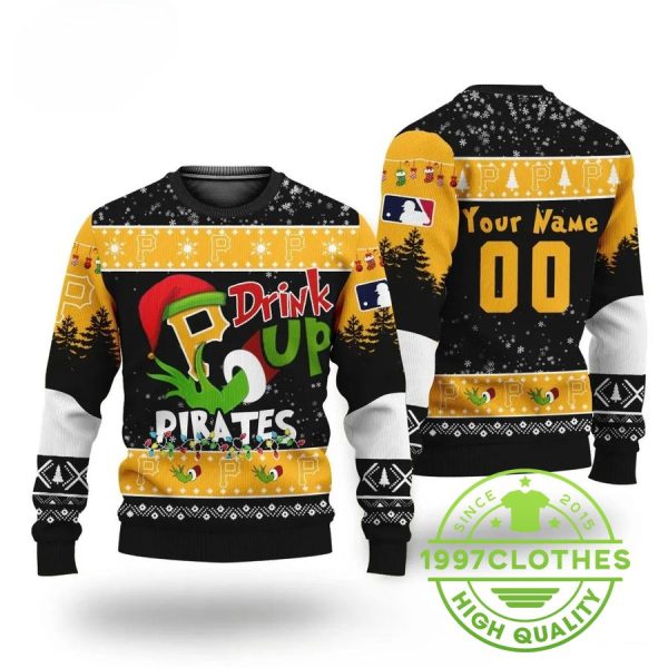 Mlb Grinch Drink Up Pittsburgh Pirates Custom Ugly Christmas Sweater, Pittsburgh Pirates Ugly Sweater, MLB Christmas Sweater