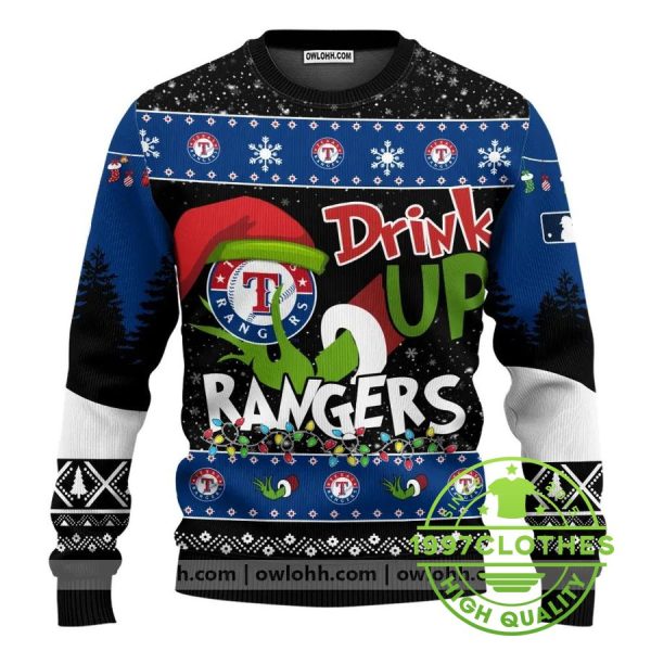 Mlb Grinch Drink Up Texas Rangers Custom Ugly Christmas Sweater, Texas Rangers Ugly Sweater, MLB Christmas Sweater