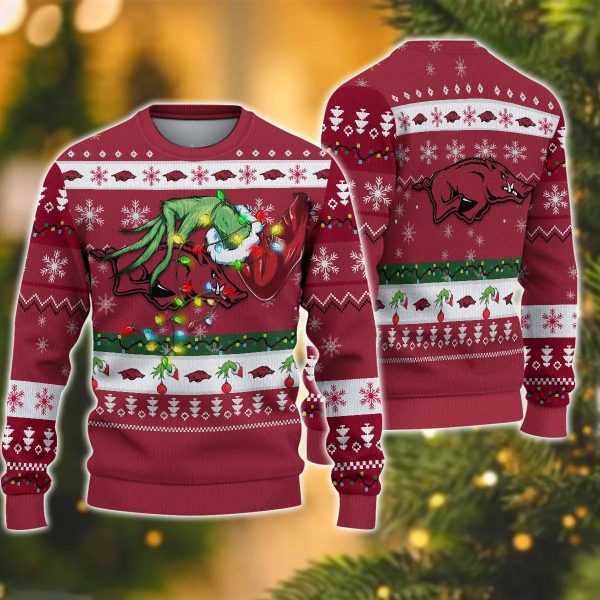 NCAA Arkansas Razorbacks Grinch Ugly Christmas Sweater, Arkansas Razorbacks Ugly Christmas Sweater, NCAA Christmas Sweater