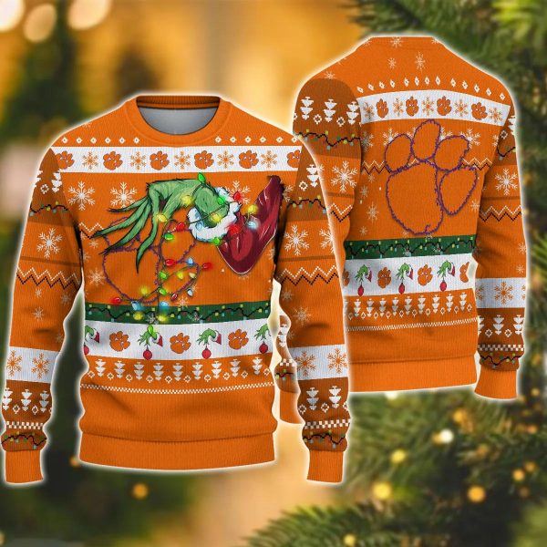 NCAA Clemson Tigers Grinch Ugly Christmas Sweater, Clemson Tigers Ugly Christmas Sweater, NCAA Christmas Sweater