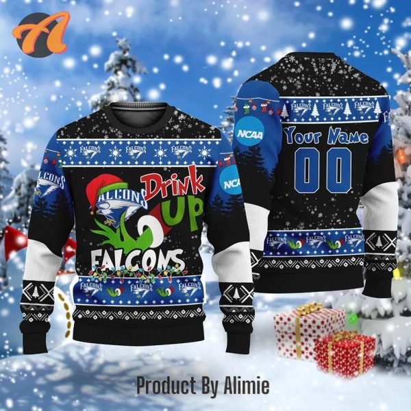 NCAA Grinch Drink Up Air Force Falcons Custom Ugly Christmas Sweater, Air Force Falcons Ugly Christmas Sweater, NCAA Christmas Sweater