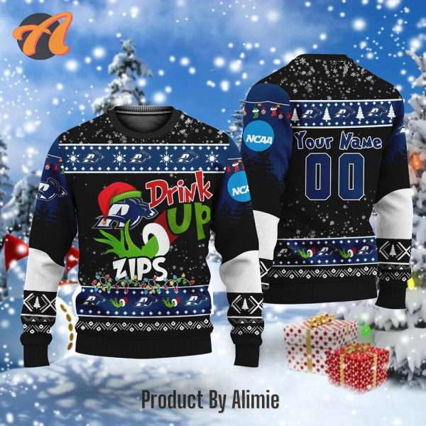 NCAA Grinch Drink Up Akron Zips Custom Ugly Christmas Sweater, NCAA Christmas Sweater