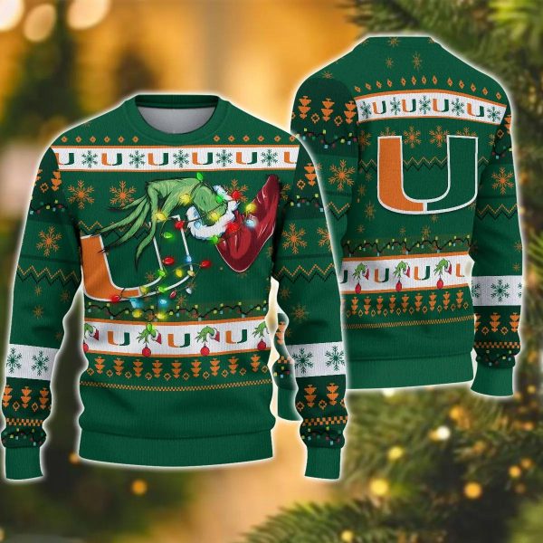 NCAA Miami Hurricanes Grinch Ugly Christmas Sweater, Miami Hurricanes Ugly Christmas Sweater, NCAA Christmas Sweater