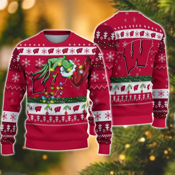 NCAA Wisconsin Badgers Grinch Ugly Christmas Sweater, Wisconsin Badgers Ugly Christmas Sweater, NCAA Christmas Sweater