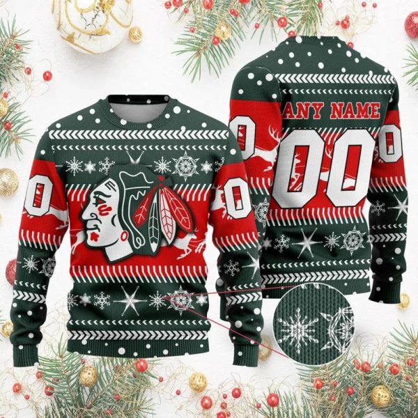 NHL Chicago BlackHawks Personalized Name & Number Ugly Christmas Sweater, Chicago Blackhawks Ugly Sweater, NHL Ugly Sweater