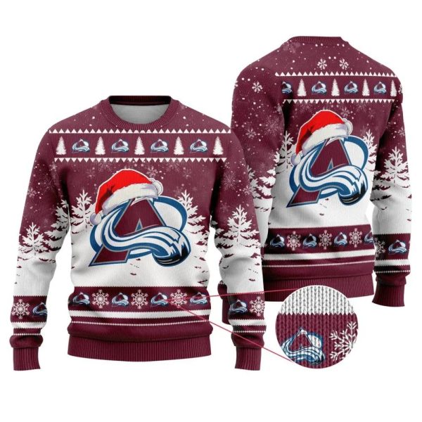 NHL Colorado Avalanche Santa Hat Ugly Christmas Sweater, Colorado Avalanche Ugly Sweater, NHL Ugly Sweater