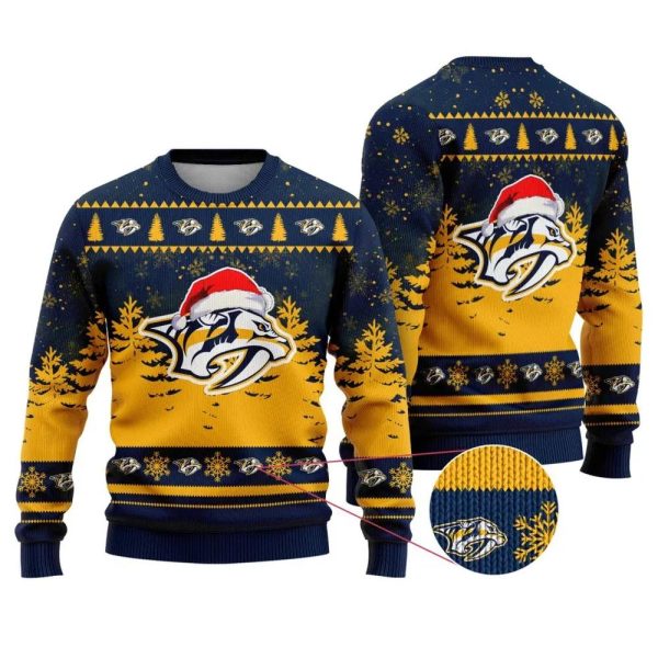 NHL Nashville Predators Santa Hat Ugly Christmas Sweater, Nashville Predators Ugly Sweater, NHL Ugly Sweater