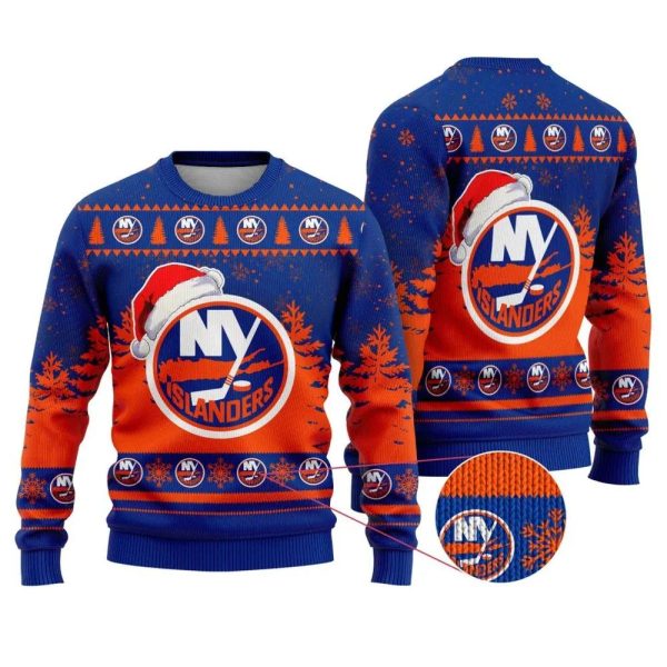 NHL New York Islanders Santa Hat Ugly Christmas Sweater, New York Islanders Ugly Sweater, NHL Ugly Sweater