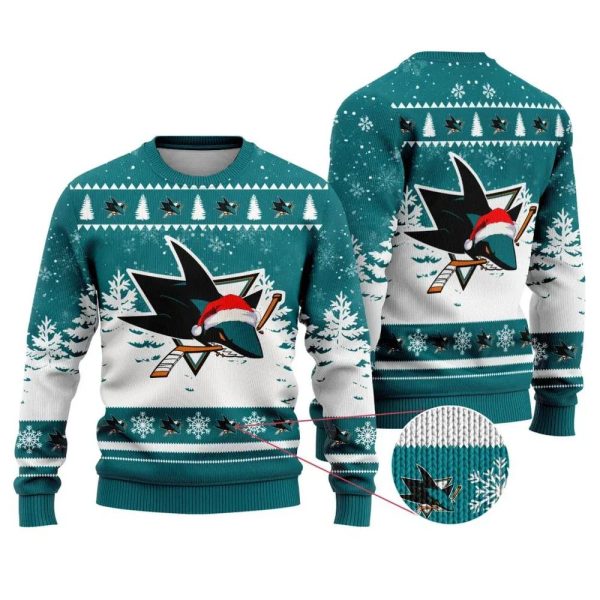 NHL San Jose Sharks Santa Hat Ugly Christmas Sweater, San Jose Sharks Ugly Sweater, NHL Ugly Sweater