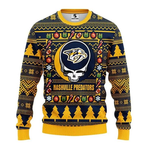 Nashville Predators Grateful Dead Ugly Christmas Sweater, Nashville Predators Ugly Sweater, NHL Ugly Sweater