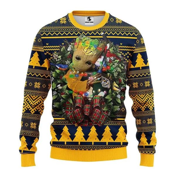 Nashville Predators Groot Hug Ugly Christmas Sweater, Nashville Predators Ugly Sweater, NHL Ugly Sweater