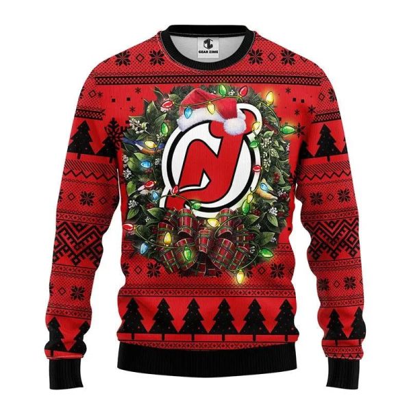 New Jersey Devils Santa Hat Ugly Christmas Sweater, New Jersey Devils Ugly Sweater, NHL Ugly Sweater