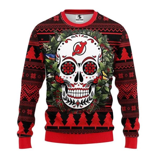 New Jersey Devils Skull Flower Ugly Christmas Sweater, New Jersey Devils Ugly Sweater, NHL Ugly Sweater