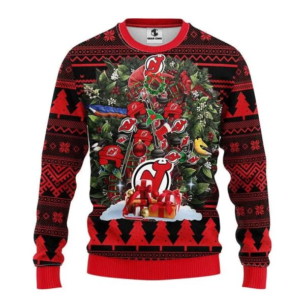 New Jersey Devils Tree Christmas Ugly Sweater, New Jersey Devils Ugly Sweater, NHL Ugly Sweater