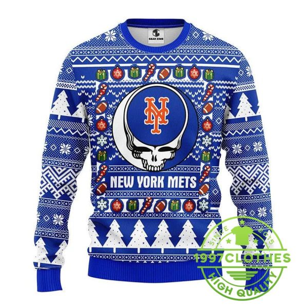 New York Mets Grateful Dead Ugly Christmas Sweater, New York Mets Ugly Sweater, MLB Christmas Sweater