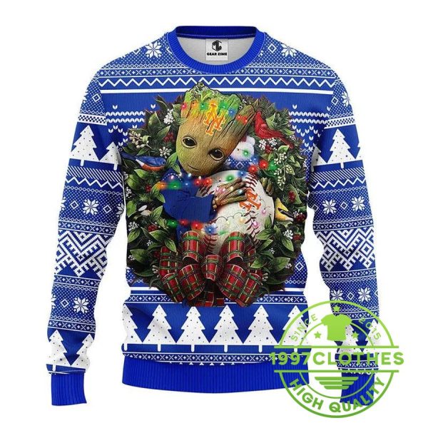 New York Mets Groot Hug Ugly Christmas Sweater, New York Mets Ugly Sweater, MLB Christmas Sweater