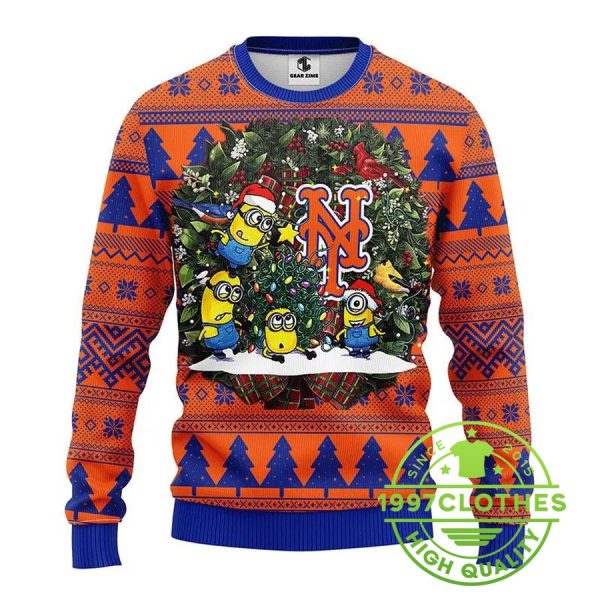 New York Mets Minion Ugly Christmas Sweater, New York Mets Ugly Sweater, MLB Christmas Sweater