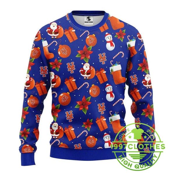 New York Mets Santa Claus Snowman Ugly Christmas Sweater, New York Mets Ugly Sweater, MLB Christmas Sweater