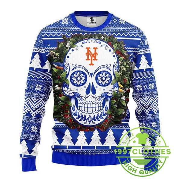 New York Mets Skull Flower Ugly Christmas Sweater, New York Mets Ugly Sweater, MLB Christmas Sweater